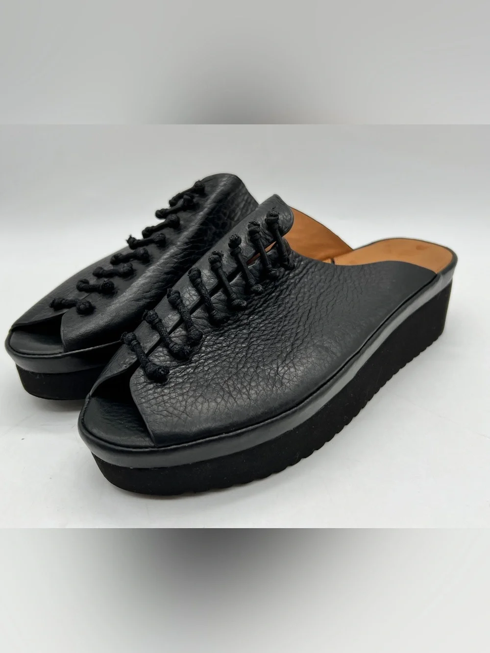L’Amour Des Pieds Arienne Black Leather Lace-Up Wedge Mules Size 7